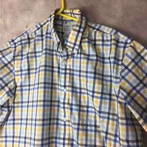 L.L. Bean Men's Casual Plaid Shirt - Blue, Yellow, and White Short Sleeve XL